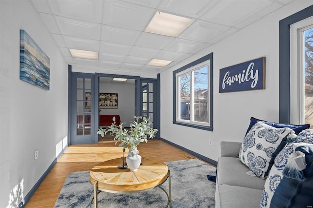 living room with hardwood / wood-style floors and french doors