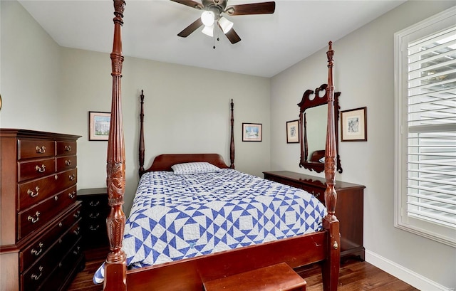 bedroom featuring dark wood-type flooring, multiple windows, and baseboards