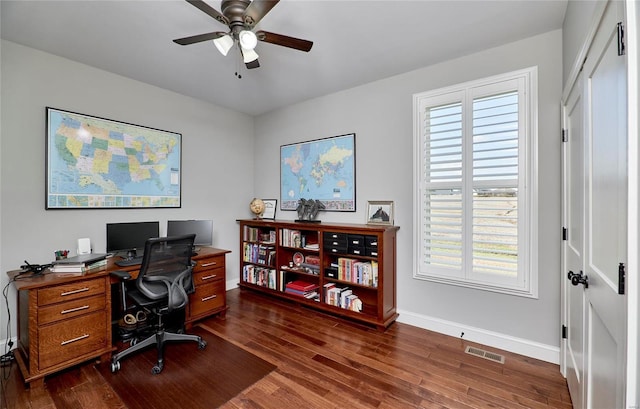 office space with visible vents, a ceiling fan, dark wood-type flooring, and baseboards