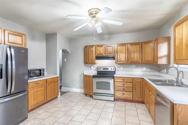 kitchen featuring ceiling fan, sink, and appliances with stainless steel finishes