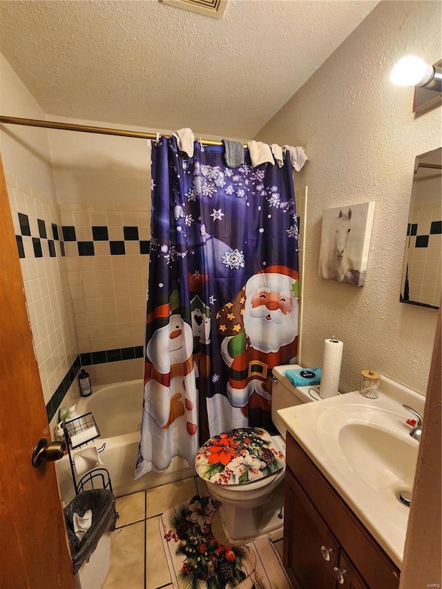 full bath featuring a textured ceiling, vanity, shower / bath combination with curtain, and a textured wall