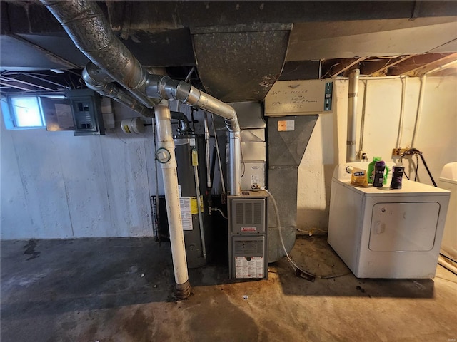 basement featuring electric panel, water heater, and separate washer and dryer