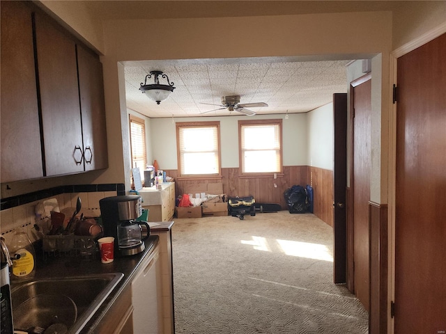 kitchen featuring wooden walls, wainscoting, carpet, light countertops, and a sink