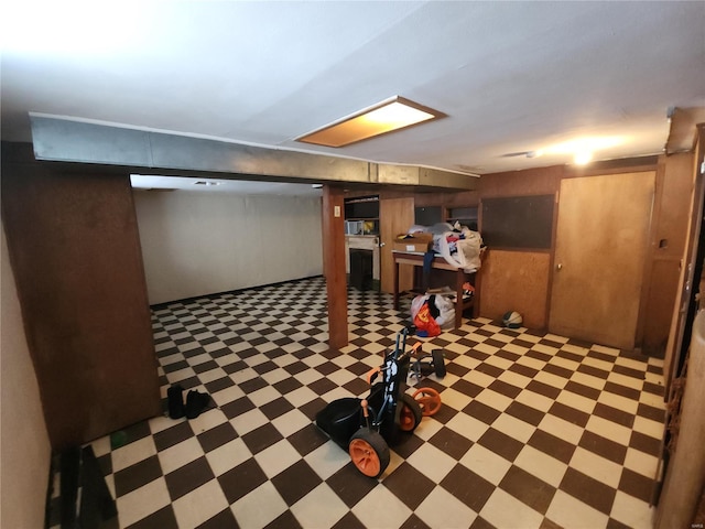 basement with wood walls