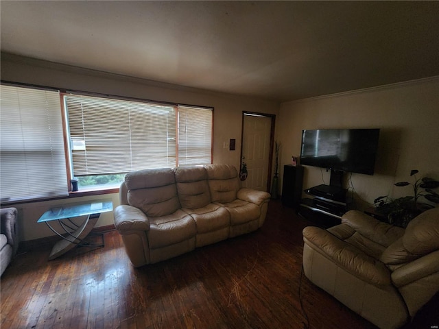 living room with dark wood finished floors and crown molding