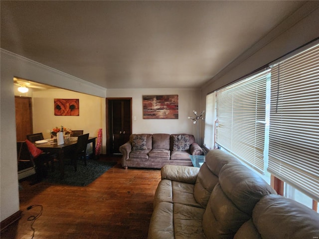 living room featuring ornamental molding and wood finished floors