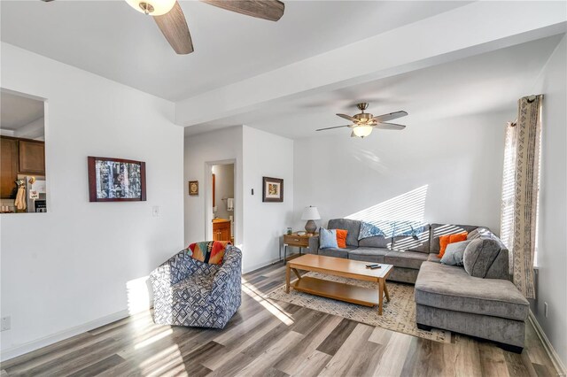 living room with ceiling fan and wood-type flooring