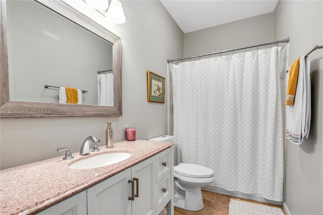 bathroom with tile patterned flooring, vanity, toilet, and a shower with shower curtain