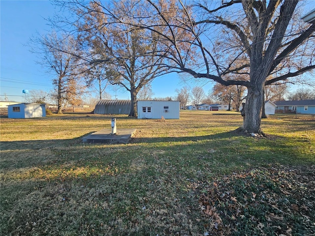 view of yard featuring a storage unit