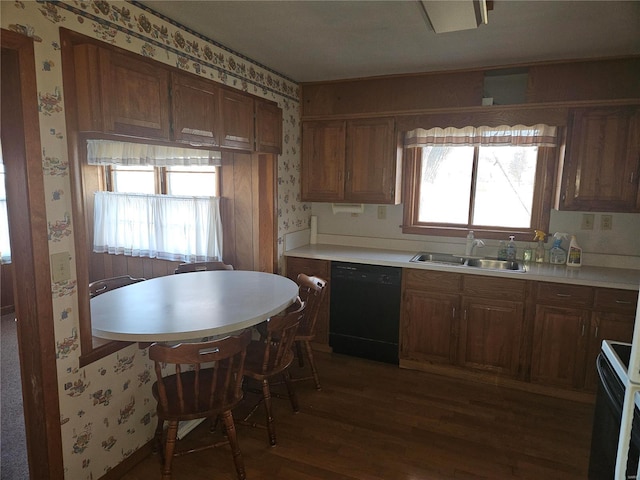 kitchen featuring a wealth of natural light, dishwasher, dark wood-type flooring, and sink