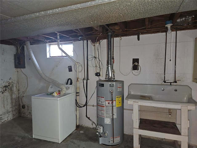 utilities with electric panel, washer / dryer, and gas water heater