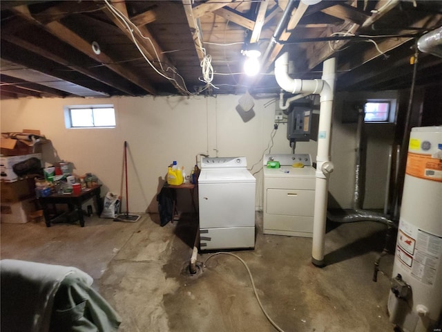 below grade area featuring electric panel, water heater, and washer and clothes dryer