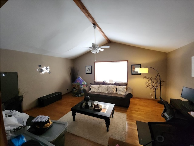 living room featuring ceiling fan, wood-type flooring, and vaulted ceiling with beams