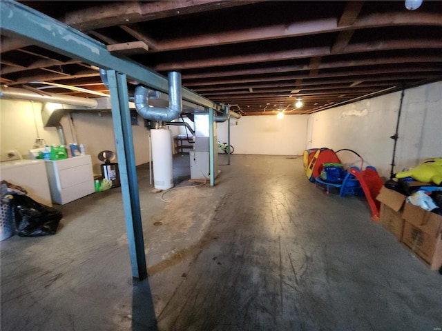 basement featuring heating unit and gas water heater