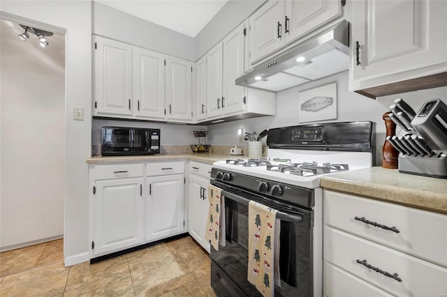 kitchen featuring white cabinets, black appliances, and light tile patterned floors