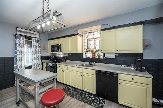 kitchen with sink, light hardwood / wood-style floors, a wealth of natural light, and black appliances