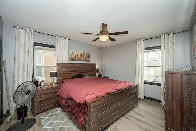 bedroom featuring light hardwood / wood-style floors and ceiling fan