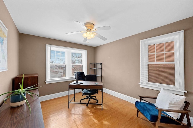 home office featuring ceiling fan and light hardwood / wood-style floors