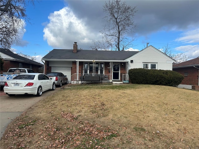 single story home with a front lawn, a porch, and a garage