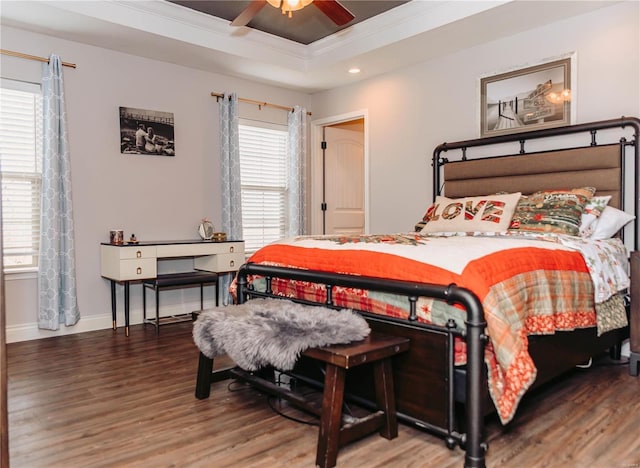 bedroom featuring multiple windows, ceiling fan, and a tray ceiling