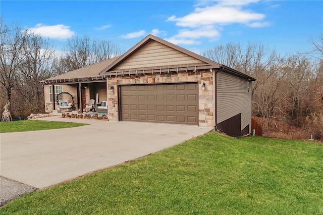 ranch-style home with a garage and a front yard