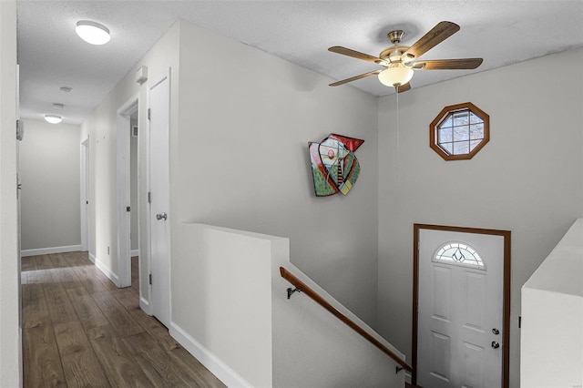 hall featuring a textured ceiling, a wealth of natural light, and dark wood-type flooring