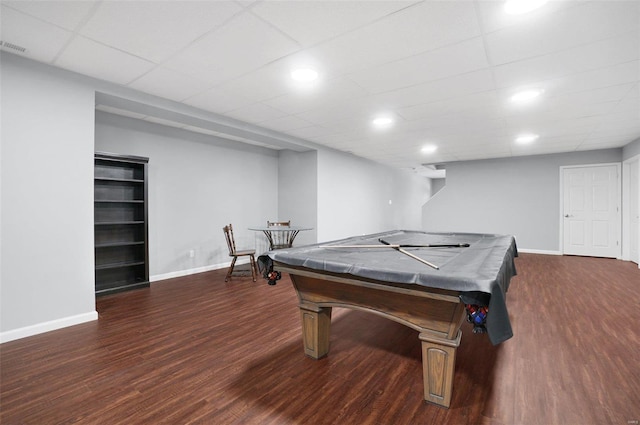 playroom with billiards and dark hardwood / wood-style flooring