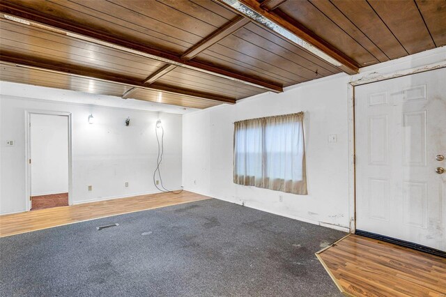 unfurnished room featuring wood ceiling, beamed ceiling, and wood-type flooring