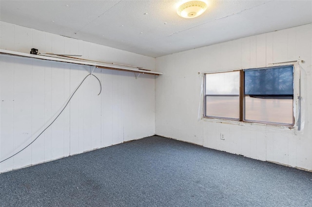 interior space featuring carpet and wood walls