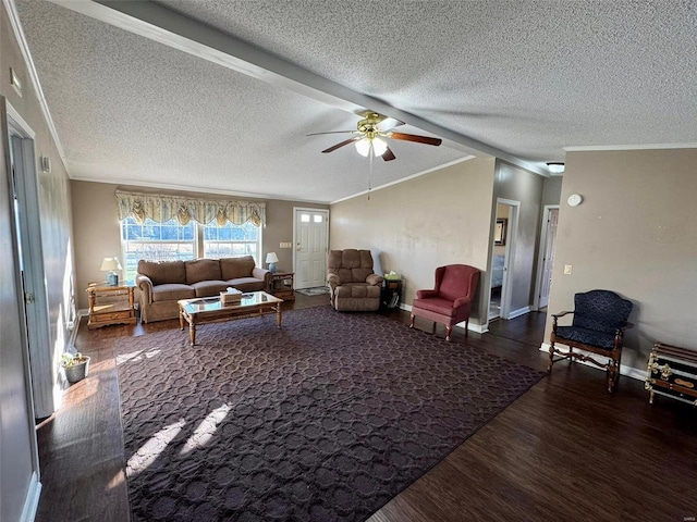 living room with crown molding, dark hardwood / wood-style flooring, ceiling fan, and a textured ceiling