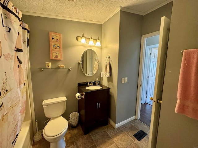 full bathroom with shower / bath combo, a textured ceiling, vanity, crown molding, and toilet