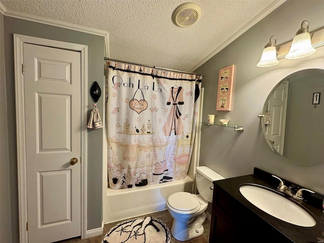 full bathroom featuring shower / tub combo, ornamental molding, vanity, a textured ceiling, and lofted ceiling