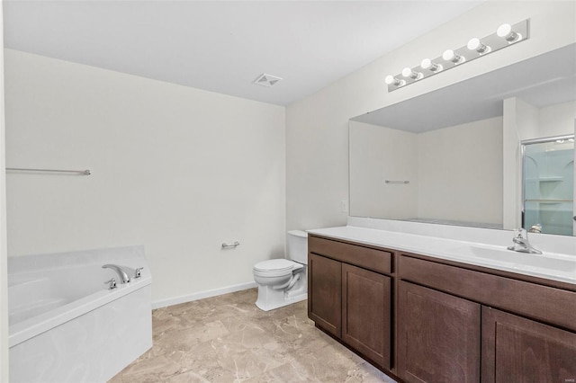 full bathroom featuring vanity, toilet, and shower with separate bathtub