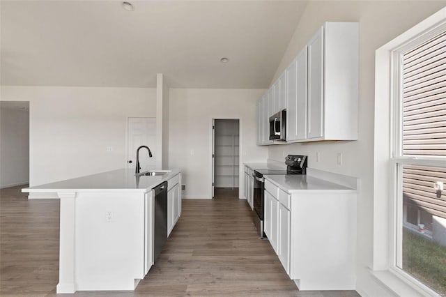 kitchen with light hardwood / wood-style floors, sink, appliances with stainless steel finishes, and an island with sink