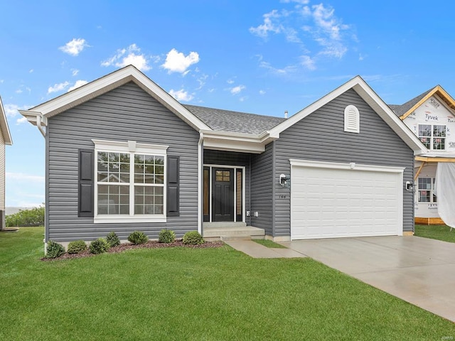ranch-style home with a front lawn and a garage