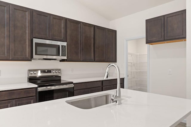 kitchen with dark brown cabinetry, sink, appliances with stainless steel finishes, and vaulted ceiling