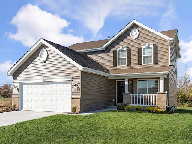 view of front of property with a front yard, a garage, and covered porch