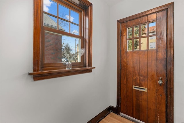 entryway featuring plenty of natural light and light hardwood / wood-style flooring