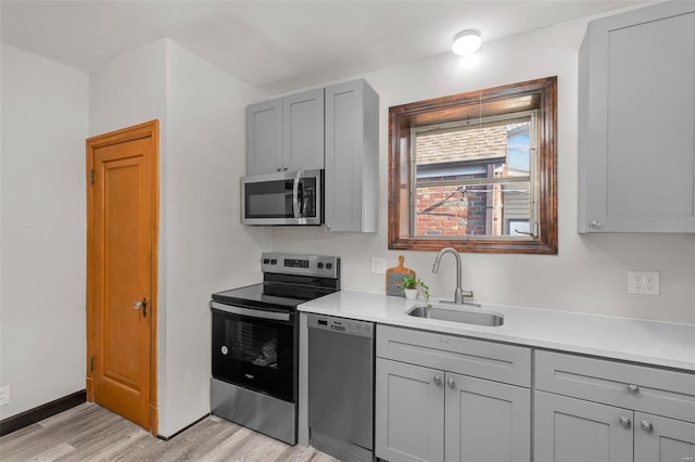 kitchen featuring appliances with stainless steel finishes, light wood-type flooring, gray cabinets, and sink