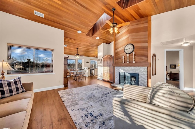 living room featuring dark hardwood / wood-style flooring, a brick fireplace, wood ceiling, wooden walls, and high vaulted ceiling