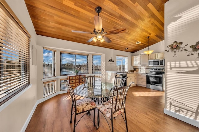 dining area featuring vaulted ceiling, light wood-style flooring, wood ceiling, and baseboards