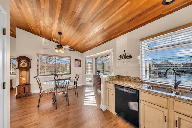 kitchen featuring black dishwasher, light wood-style floors, wood ceiling, vaulted ceiling, and a sink