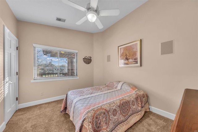 bedroom featuring ceiling fan, carpet, visible vents, and baseboards