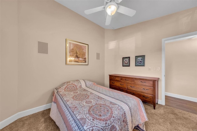 bedroom with carpet floors, ceiling fan, and baseboards