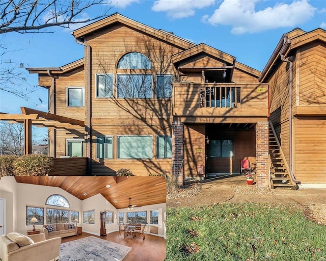 rear view of house with a patio, a balcony, an outdoor hangout area, stairs, and brick siding