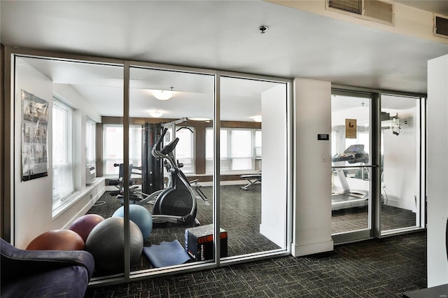 exercise room with dark carpet