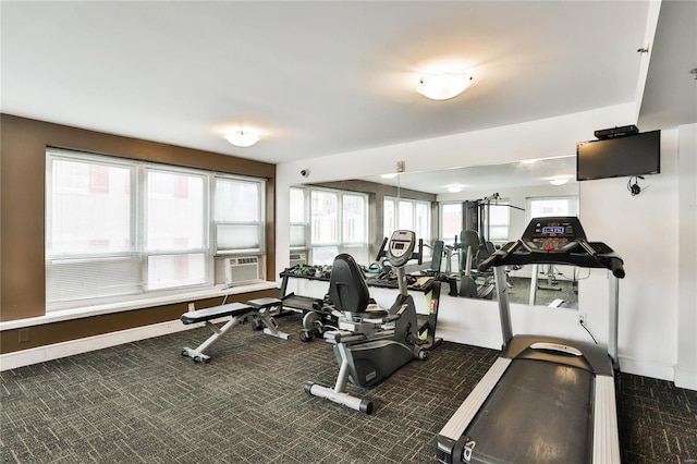 gym featuring dark carpet and cooling unit