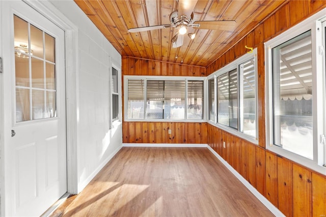 unfurnished sunroom featuring ceiling fan, wood ceiling, and vaulted ceiling