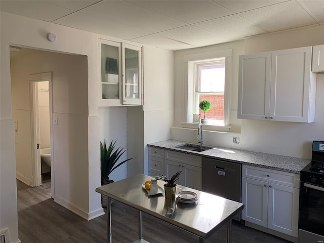 kitchen featuring dishwasher, glass insert cabinets, dark wood-type flooring, a sink, and gas stove