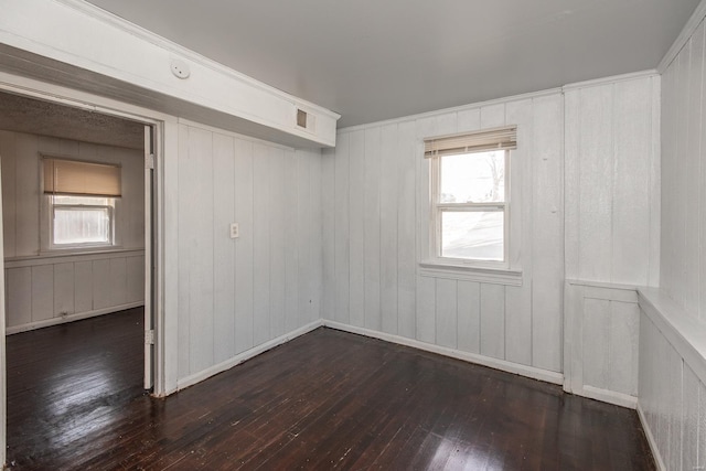 empty room featuring wooden walls and dark wood-type flooring